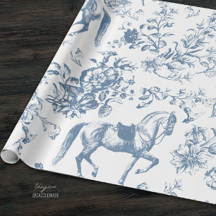 Elegant  Blauw Wit Paard Bloemenpatroon Cadeaupapier