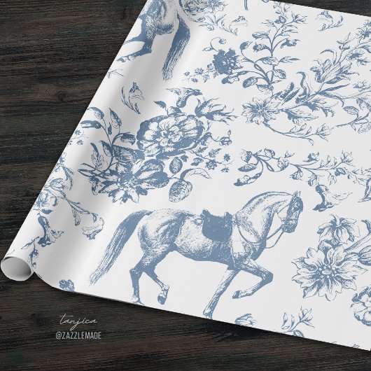 Elegant  Blauw Wit Paard Bloemenpatroon Cadeaupapier