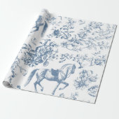 Elegant  Blauw Wit Paard Bloemenpatroon Cadeaupapier (Uitgerold)