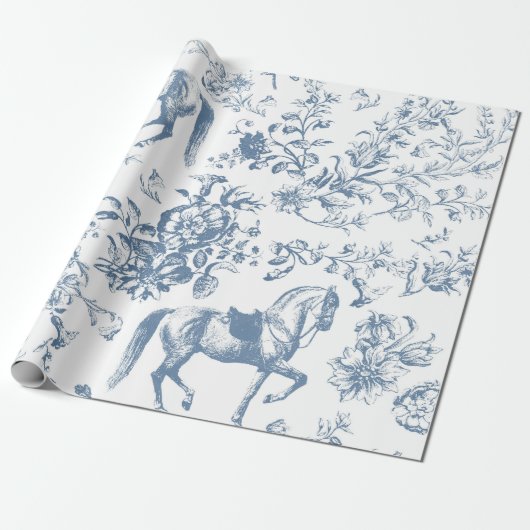 Elegant  Blauw Wit Paard Bloemenpatroon Cadeaupapier (Uitgerold)