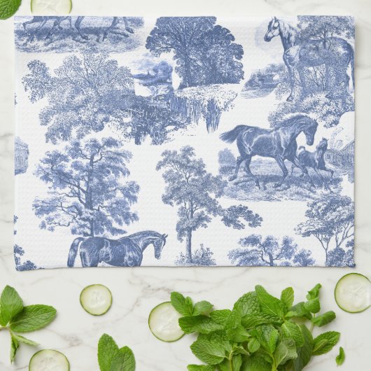Elegant Blauw Wit Rustiek Paarden Toile Theedoek (Gevouwen)