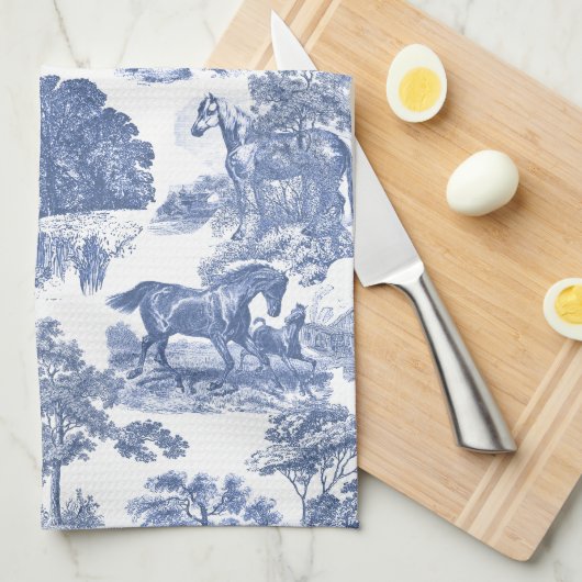 Elegant Blauw Wit Rustiek Paarden Toile Theedoek (Quarter Fold)