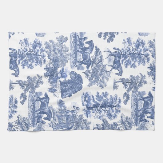 Elegant Blauw Wit Rustiek Paarden Toile Theedoek (Horizontaal)
