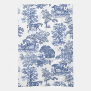 Elegant Blauw Wit Rustiek Paarden Toile Theedoek