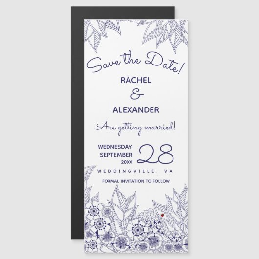 Elegant Blauw Wit Save the Date Magnetische Uitnodiging (Voorkant / Achterkant)