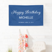 Elegant blauw wit script Happy Birthday Spandoek (Insitu)