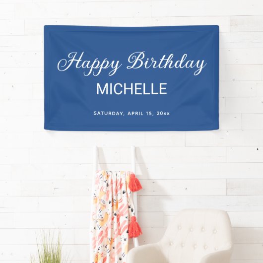 Elegant blauw wit script Happy Birthday Spandoek (Insitu)