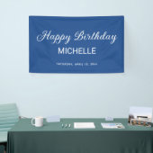 Elegant blauw wit script Happy Birthday Spandoek (Beurs)