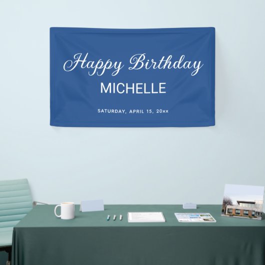 Elegant blauw wit script Happy Birthday Spandoek (Beurs)