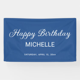 Elegant blauw wit script Happy Birthday Spandoek