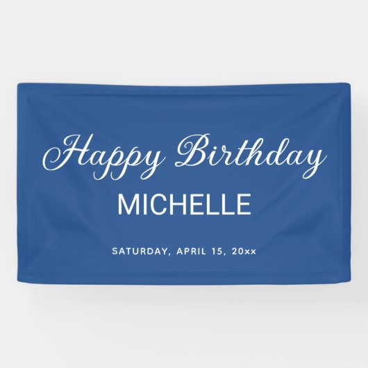 Elegant blauw wit script Happy Birthday Spandoek (Horizontaal)