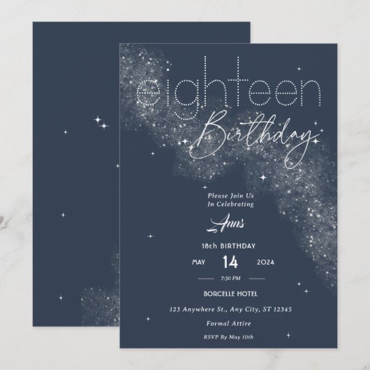 Elegant Blauw & Wit Stardust 18e verjaardagsfeestj Kaart (Voorkant / Achterkant)