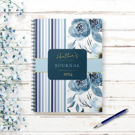 Elegant blauw wit streep bloemenjournaal Notitiebo Notitieboek
