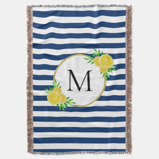 Elegant Blauw Wit Strepen Italiaanse Citroenen Mon Deken (Voorkant Verticaal)