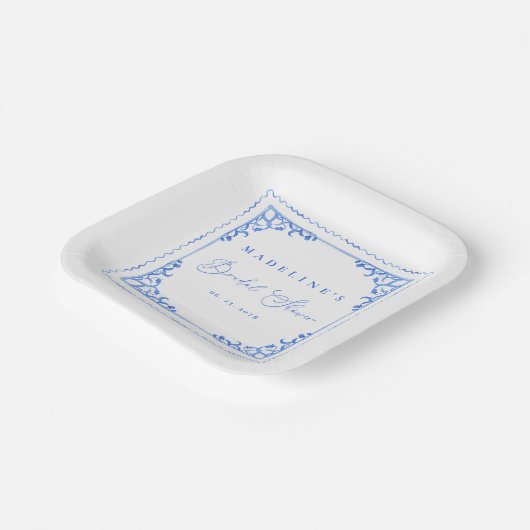 Elegant Blauw Wit Tegel Vrijgezellenfeest Papieren Bordje (Gebogen)