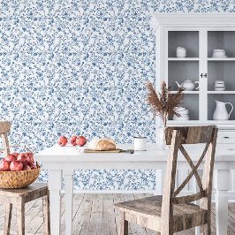 Elegant blauw-wit toile bloemmotief behang