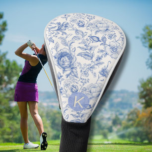 Elegant Blauw & Wit Toile Bloemmotief Monogram Golfheadcover