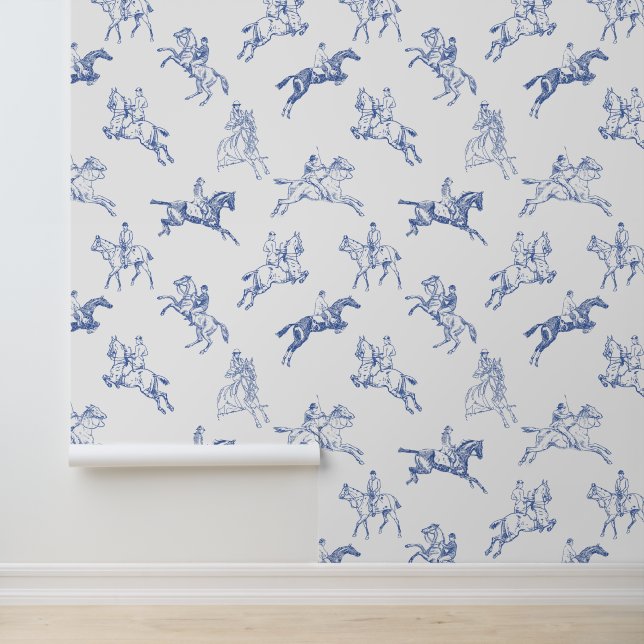 Elegant  Blauw Wit Toile Paardrijden Behang (Applicatie)
