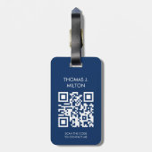 Elegant blauw wit vet monogram QR-code Bagagelabel (Achterkant verticaal)