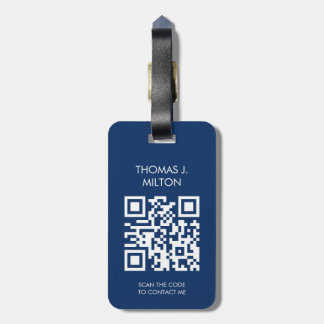 Elegant blauw wit vet monogram QR-code Bagagelabel