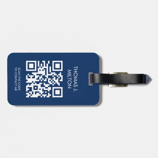 Elegant blauw wit vet monogram QR-code Bagagelabel (Achterkant horizontaal)