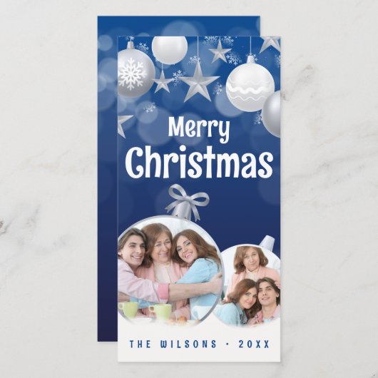 Elegant Blauw, Wit Vrolijk Kerstfeest 2 Familie Fo Feestdagenkaart (Voorkant / Achterkant)