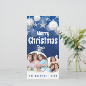 Elegant Blauw, Wit Vrolijk Kerstfeest 2 Familie Fo Feestdagenkaart (Staand voorkant)