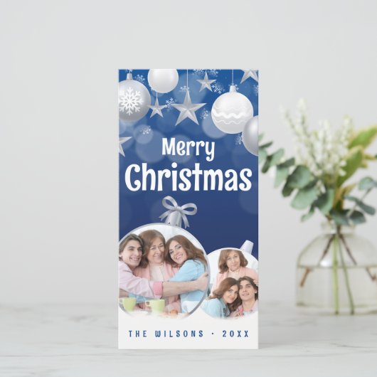 Elegant Blauw, Wit Vrolijk Kerstfeest 2 Familie Fo Feestdagenkaart (Staand voorkant)