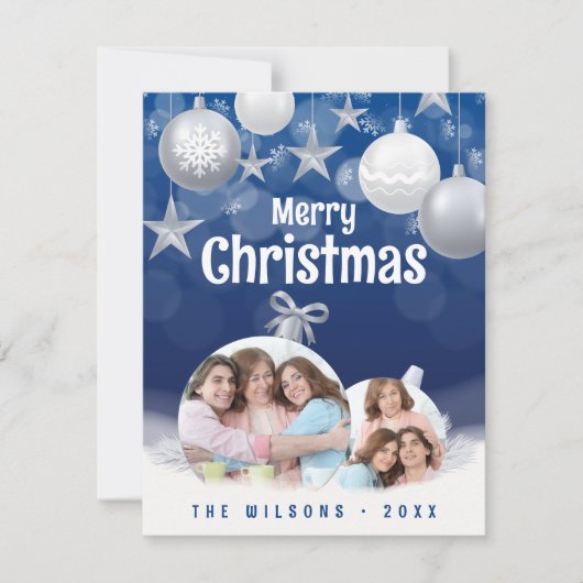 Elegant Blauw, Wit Vrolijk Kerstfeest 2 Familie Fo Feestdagenkaart (Voorkant)