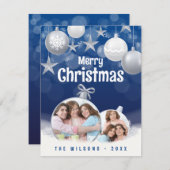 Elegant Blauw, Wit Vrolijk Kerstfeest 2 Familie Fo Feestdagenkaart (Voorkant / Achterkant)