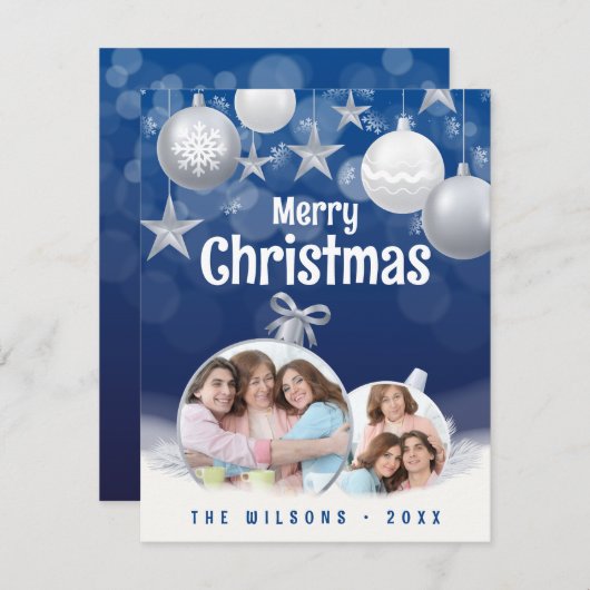 Elegant Blauw, Wit Vrolijk Kerstfeest 2 Familie Fo Feestdagenkaart (Voorkant / Achterkant)