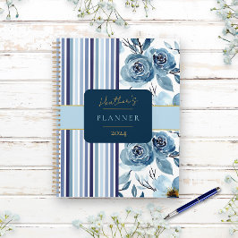 Elegant Blauw Wit Waterverf Bloemen Custom Jaarlij Planner