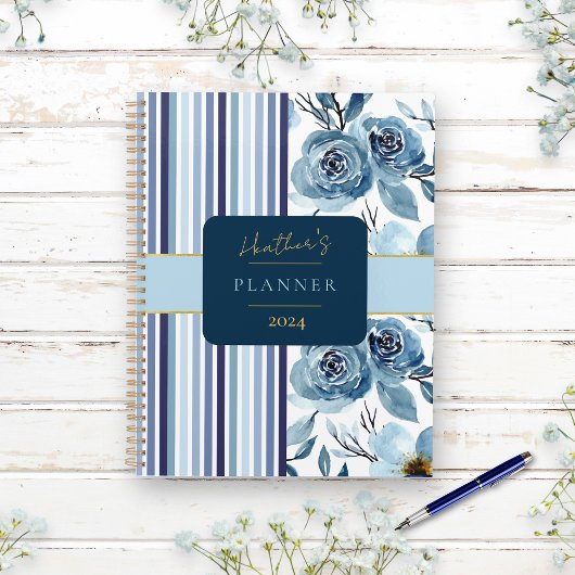 Elegant Blauw Wit Waterverf Bloemen Custom Jaarlij Planner