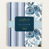 Elegant Blauw Wit Waterverf Bloemen Custom Jaarlij Planner (Voorkant)