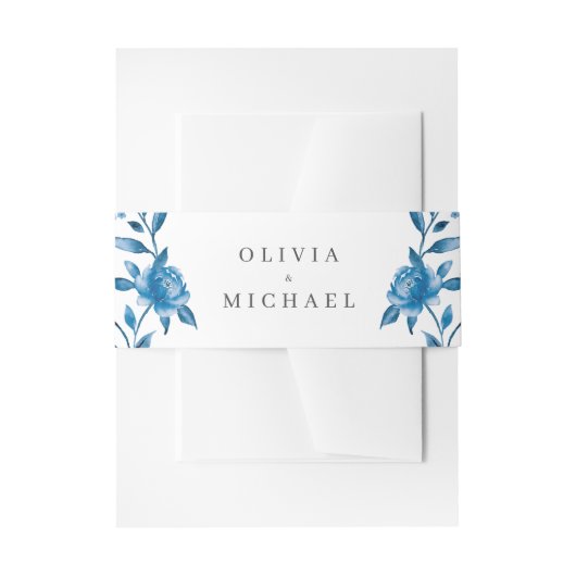 Elegant blauw & wit waterverf bloemenbruiloft uitnodigingen wikkel (Voorkant Voorbeeld)