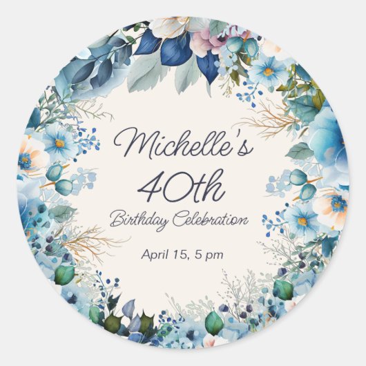Elegant Blauw Witte Bloemige Vrouw 40e Verjaardag Ronde Sticker (Voorkant)