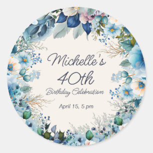 Elegant Blauw Witte Bloemige Vrouw 40e Verjaardag Ronde Sticker