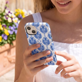 Elegant Blauw Witte Mediterraan Damast Patroon Case-Mate iPhone 14 Hoesje