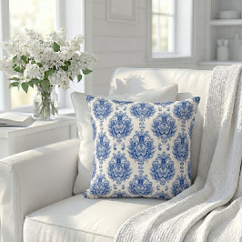 Elegant Blauw Witte Mediterraan Damast Patroon Kussen