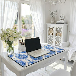 Elegant Blauw Witte Mediterrane Damast Patroon Bureaumat