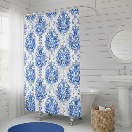 Elegant Blauw Witte Mediterrane Damast Patroon Douchegordijn