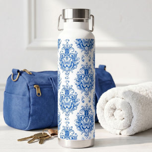 Elegant Blauw Witte Mediterrane Damast Patroon Waterfles