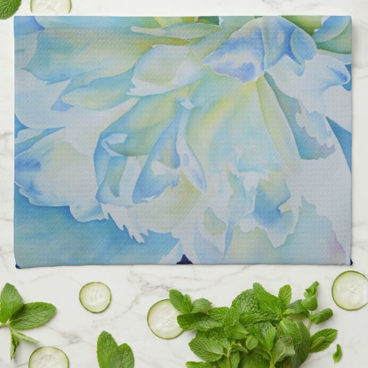 Elegant Blauw witte pioen waterverf bloemig Theedoek (Gevouwen)