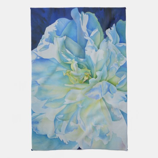 Elegant Blauw witte pioen waterverf bloemig Theedoek (Verticaal)