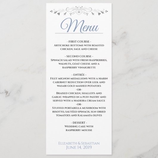Elegant Blauw & Zilver Filigraan met Harten Bruilo Menu (Voorkant)
