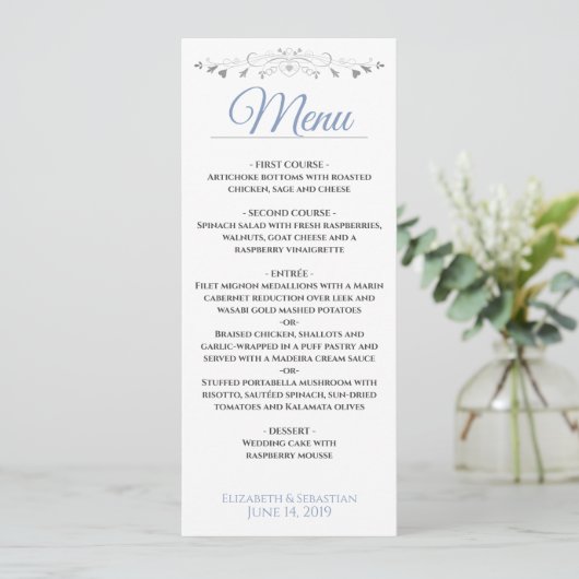 Elegant Blauw & Zilver Filigraan met Harten Bruilo Menu (Staand voorkant)