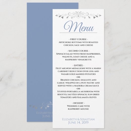 Elegant Blauw & Zilver Filigraan met Harten Bruilo Menu (Voorkant / Achterkant)