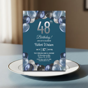 Elegant Blauw Zilver Glitter 48ste Verjaardagsfees Kaart