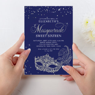 Elegant Blauw Zilver Glitter Masquerade Sweet 16 Kaart