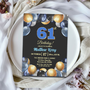 Elegant Blauw Zilver Goud 61ste Verjaardagsfeest Kaart